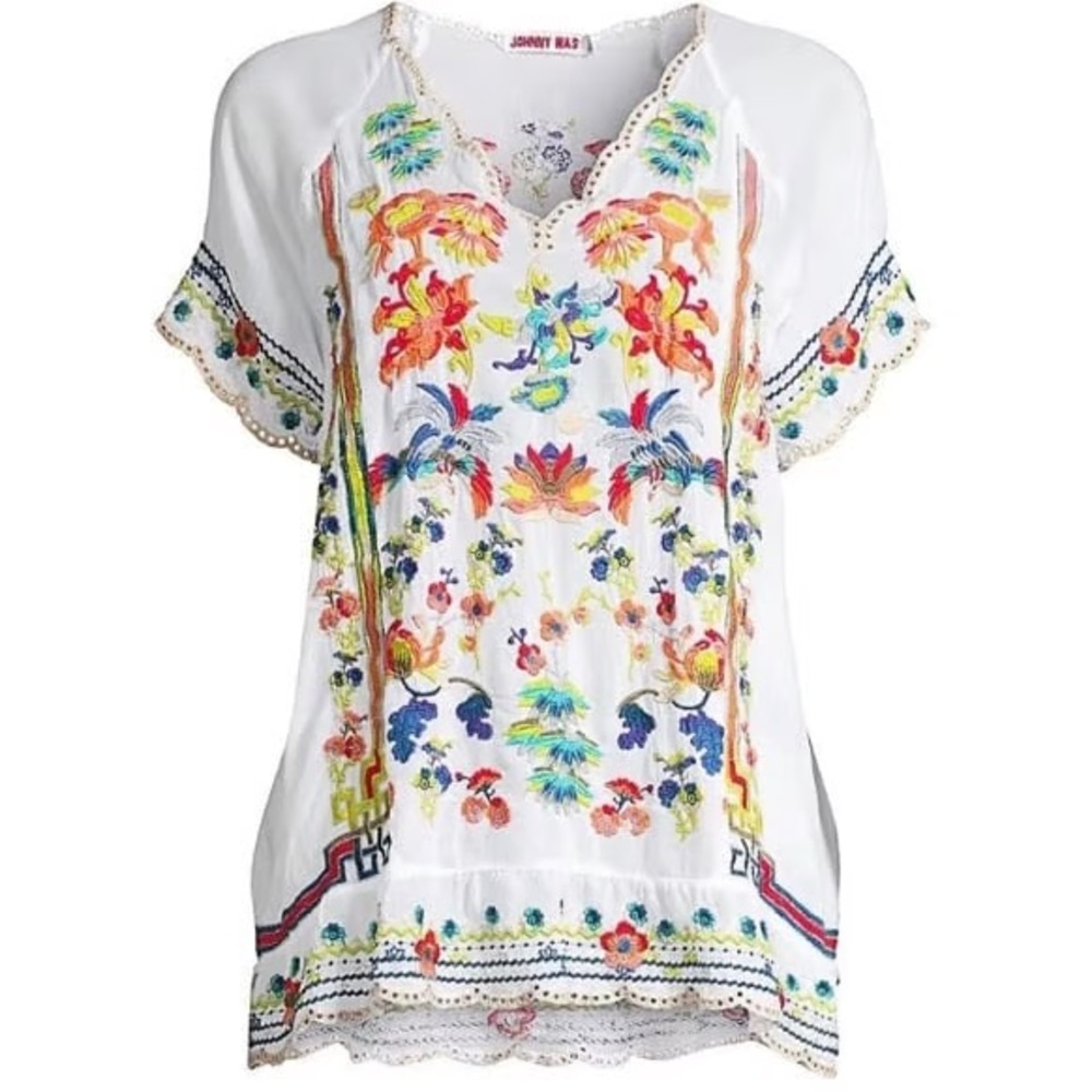 Johnny Was White Embellished Short Sleeve Blouse